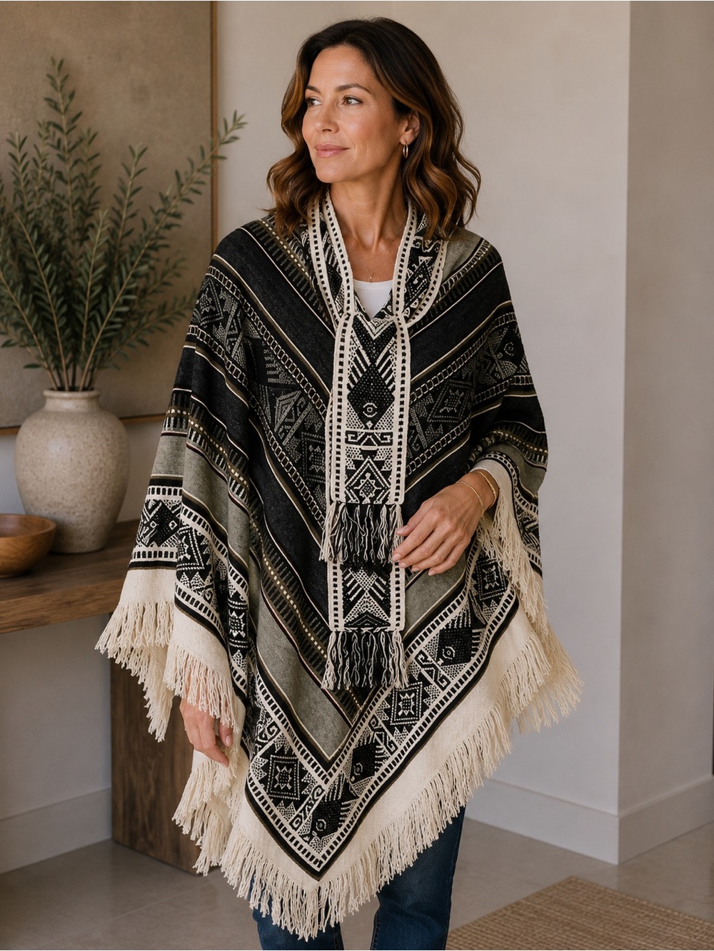 New Otavalito Ecuador Hand Knit Indigenous Poncho One Size